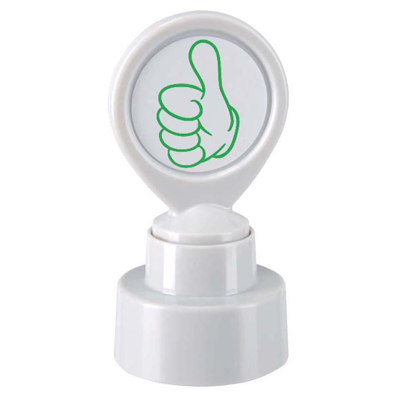 Self-inking green 'Thumbs Up' stamp for motivating students and rewarding achievements, eco-friendly and refillable.