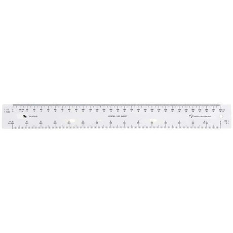 Taurus Ruler 300mm White Scale Rule featuring multiple metric scales and beveled edges for precise measurements.