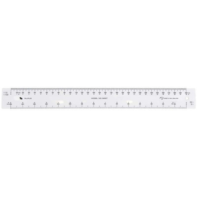 Taurus Ruler 300mm White Scale Rule featuring multiple metric scales and beveled edges for precise measurements.