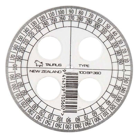 Taurus Protractor 10cm 360, clear plastic design for precise angle measurements, ideal for students and professionals.