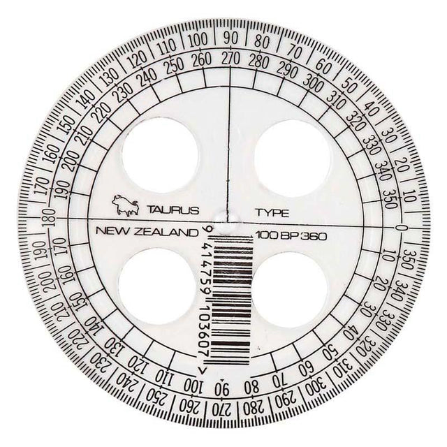 Taurus Protractor 10cm 360, clear plastic design for precise angle measurements, ideal for students and professionals.