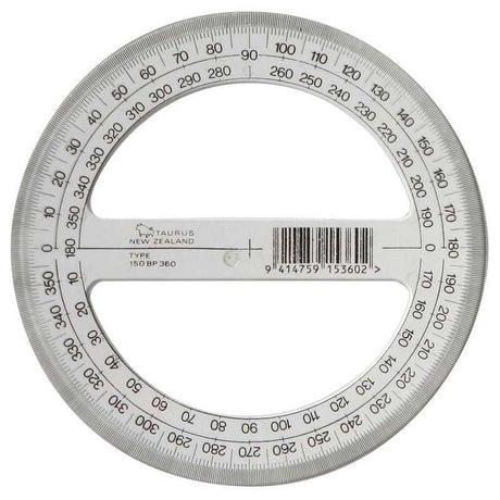 Taurus Protractor 15cm 360 for precise angle measurement and easy reading, ideal for students and professionals.