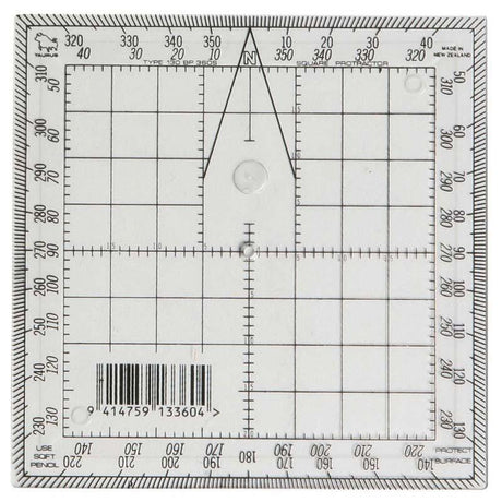 Taurus 13cm Square Protractor: Durable, transparent angle measuring tool for precise 360-degree angles.