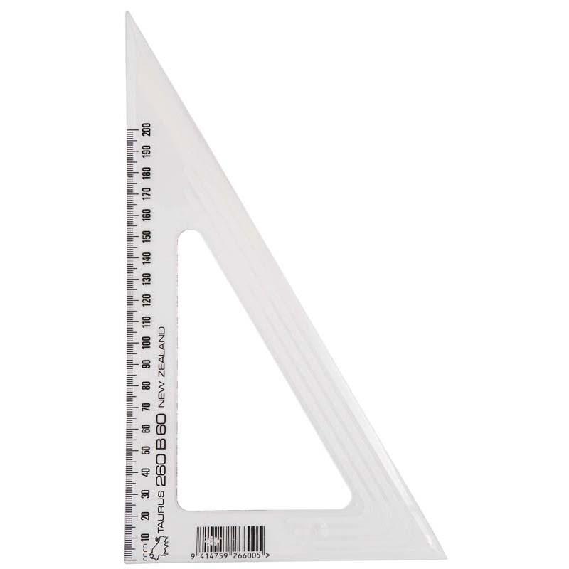 Taurus Set Square 26cm with 60-degree angle, made of clear plastic for precision in drafting and design projects.