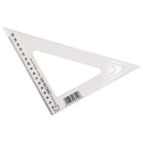 Clear plastic Taurus Set Square 26cm at 45 degrees, perfect for precise architectural and technical drawings.