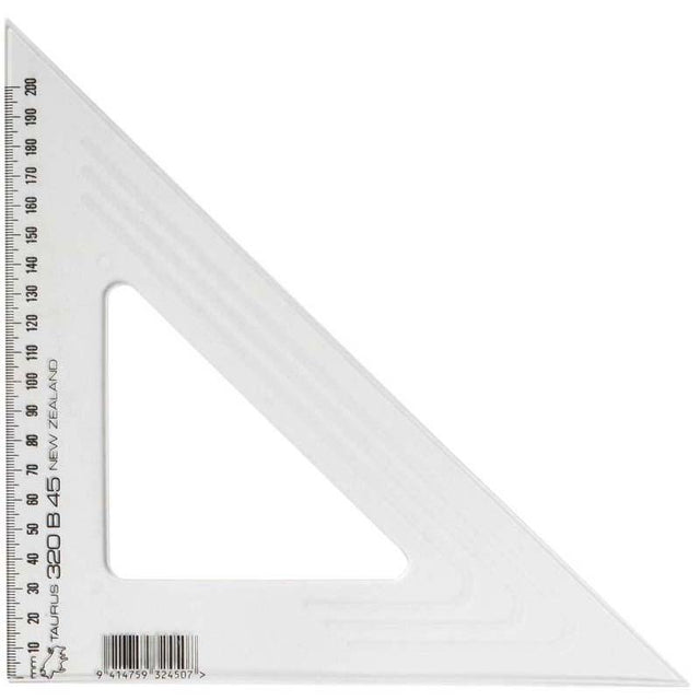 Taurus 32cm set square with 45-degree angle, made of clear plastic for precise drawings and durable use.