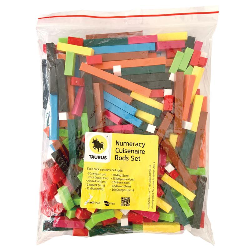 Taurus Numeracy Rods Storage Set 241 featuring colorful rods for engaging math learning and exploring fractions, addition, and algebra.