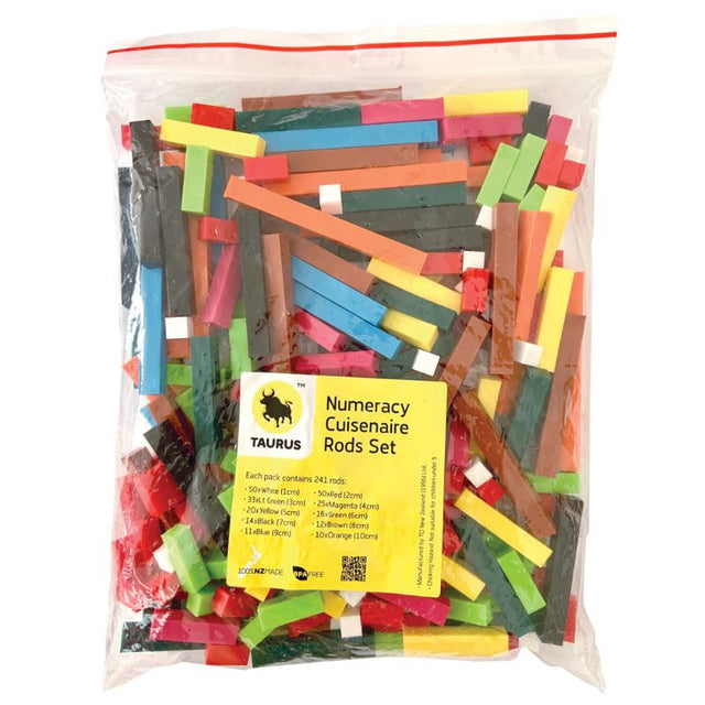 Taurus Numeracy Rods Storage Set 241 featuring colorful rods for engaging math learning and exploring fractions, addition, and algebra.