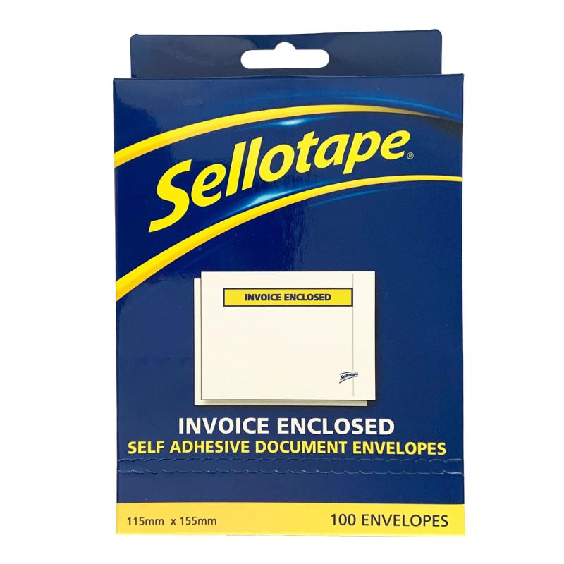 Sellotape Labelopes 115x155mm with 'Invoice Enclosed' for secure, organized shipping; 100-pack of durable, waterproof envelopes.