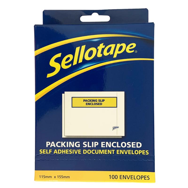 Sellotape Labelopes 115x155mm packing slip holders, 100 pack, tear-proof and water-resistant for secure shipping.