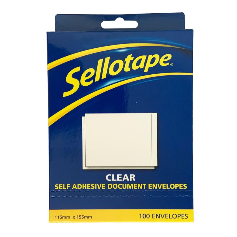 Sellotape Labelopes Clear 115x155mm pack of 100, durable, tear-proof, water-resistant labeling envelopes for documents.