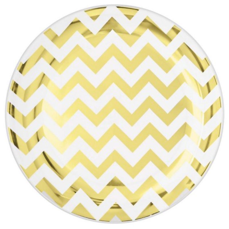 Premium 19cm round disposable plastic plates with gold chevron design, ideal for elegant gatherings, pack of 20.