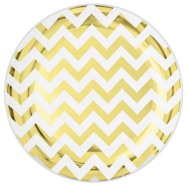Premium 19cm round disposable plastic plates with gold chevron design, ideal for elegant gatherings, pack of 20.