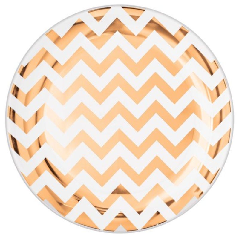 Set of 20 stylish rose gold chevron plastic plates, perfect for elegant dining and celebrations.