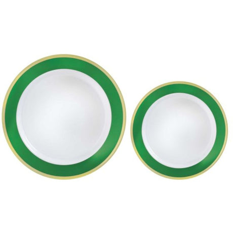 Premium plastic plates with a festive green border, 20 pieces in two sizes, perfect for elegant celebrations.