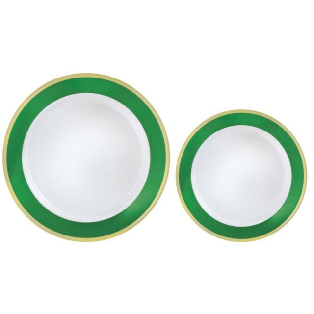 Premium plastic plates with a festive green border, 20 pieces in two sizes, perfect for elegant celebrations.