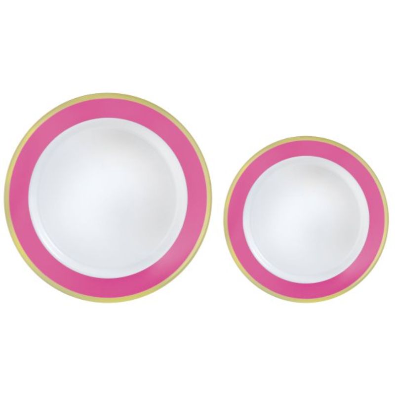 Premium plastic plates with bright pink border, pack of 20, ideal for elegant events and reusable convenience.