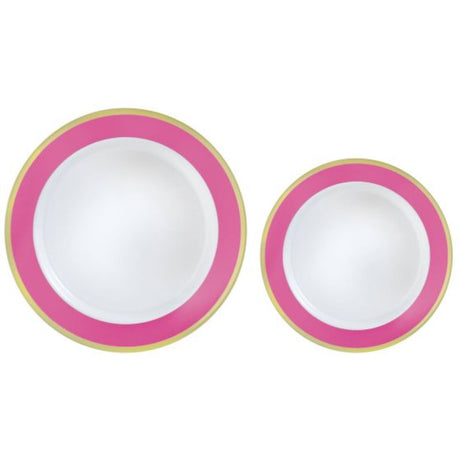 Premium plastic plates with bright pink border, pack of 20, ideal for elegant events and reusable convenience.