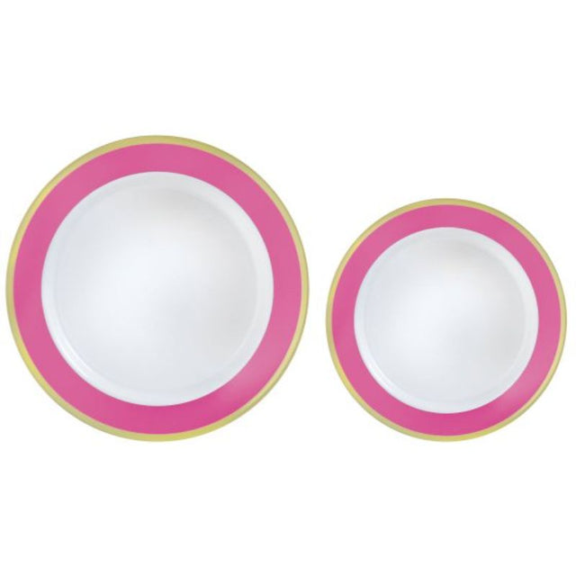 Premium plastic plates with bright pink border, pack of 20, ideal for elegant events and reusable convenience.