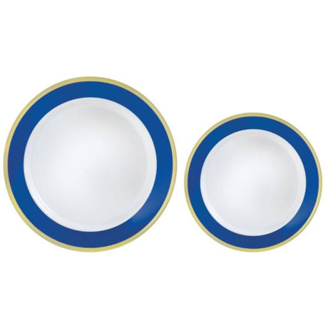 Pack of 20 premium plastic plates with a bright royal blue border, perfect for elegant dining and celebrations.