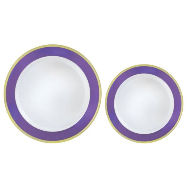 Pack of 20 premium plastic plates with elegant purple border, ideal for events and reusable.