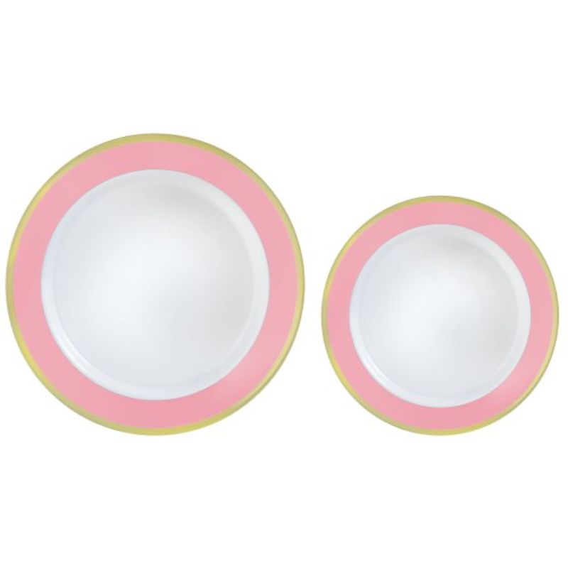 Set of 20 premium plastic plates with chic pink border, perfect for parties and everyday meals, reusable and stylish.