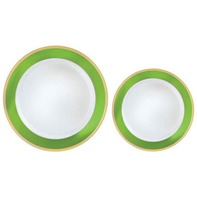 Premium plastic plates with Kiwi Green border, pack of 20, includes 10 large and 10 small, reusable for elegant dining.