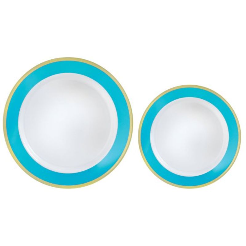 Set of 20 premium plastic plates with a stunning Caribbean Blue border, perfect for elegant dining and easy cleanup.