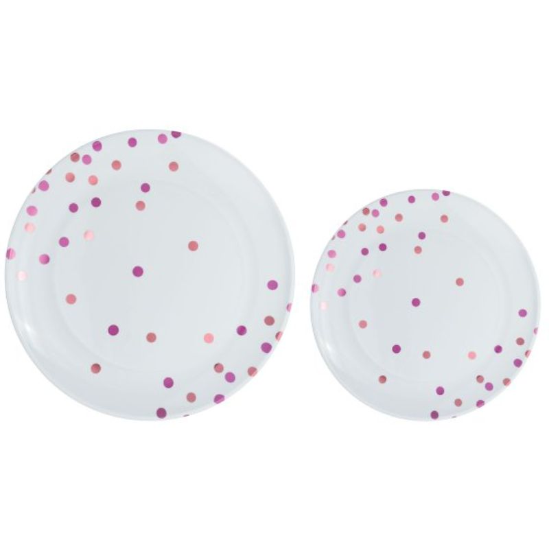 Premium pink dotted plastic plates in a pack of 20, ideal for stylish dining at parties and special occasions.