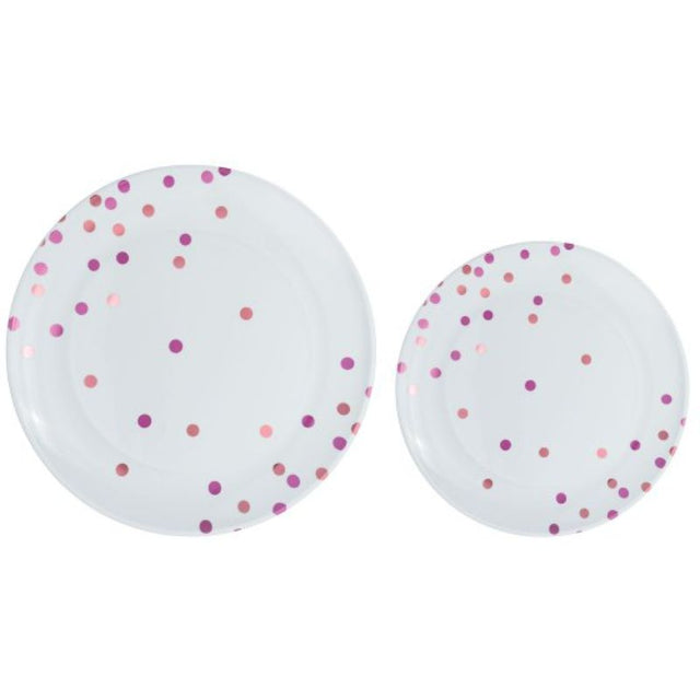 Premium pink dotted plastic plates in a pack of 20, ideal for stylish dining at parties and special occasions.