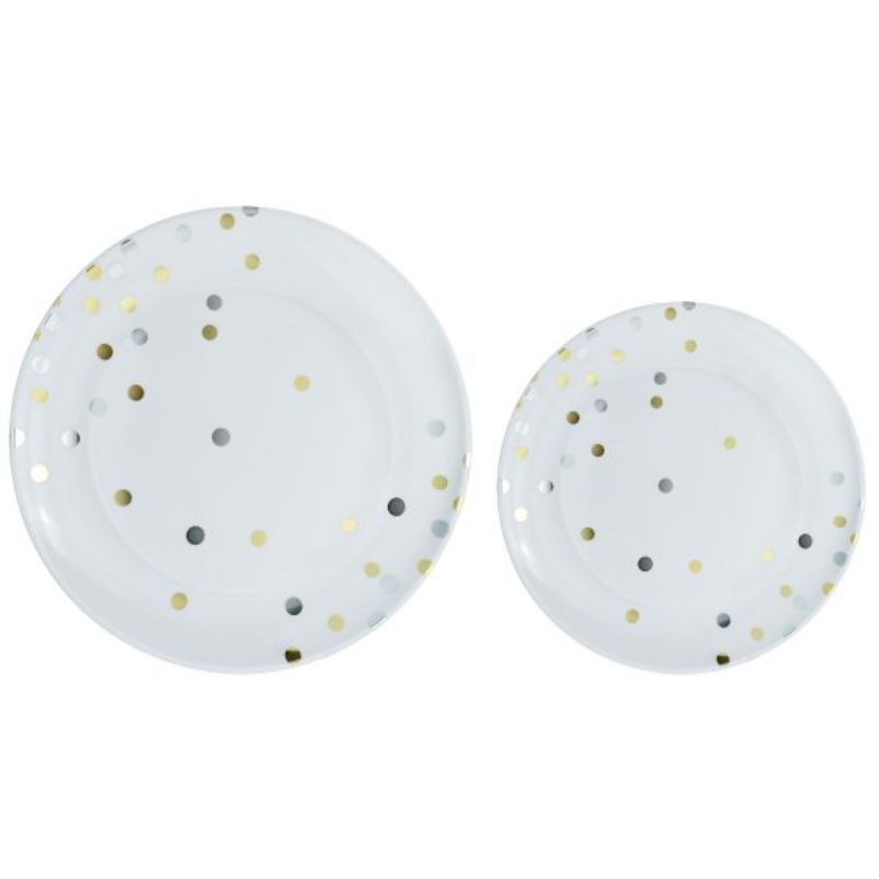 Elegant disposable plates with gold and silver dots, perfect for upscale events and reusable for convenient dining.