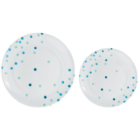 Pack of 20 premium plastic plates with Caribbean blue dots, includes 10 large and 10 small, perfect for stylish events.