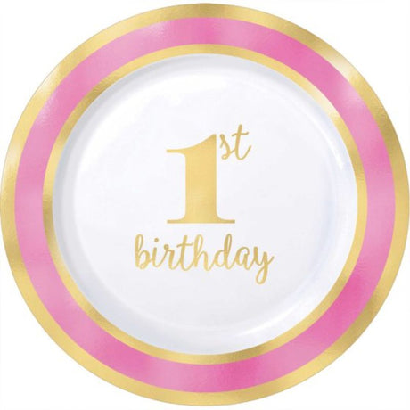 Set of 10 pink 19cm plastic plates with hot stamped design for 1st birthday celebrations, perfect for snacks and cake.