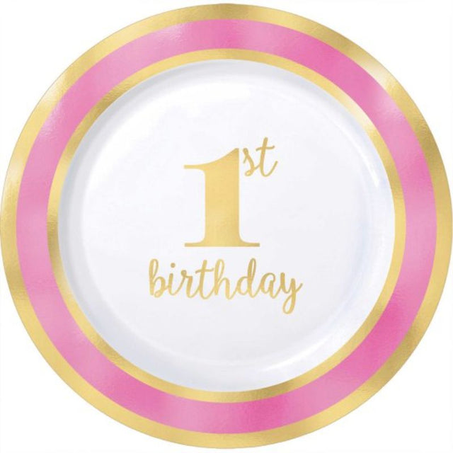 Set of 10 pink 19cm plastic plates with hot stamped design for 1st birthday celebrations, perfect for snacks and cake.