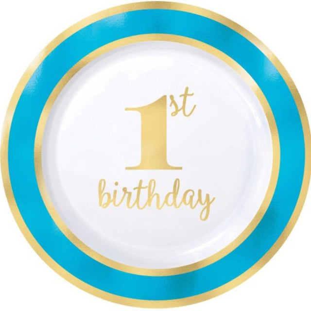 Pack of 10 blue 19cm plastic plates, hot stamped with '1st Birthday' in silver, perfect for your child's birthday party.