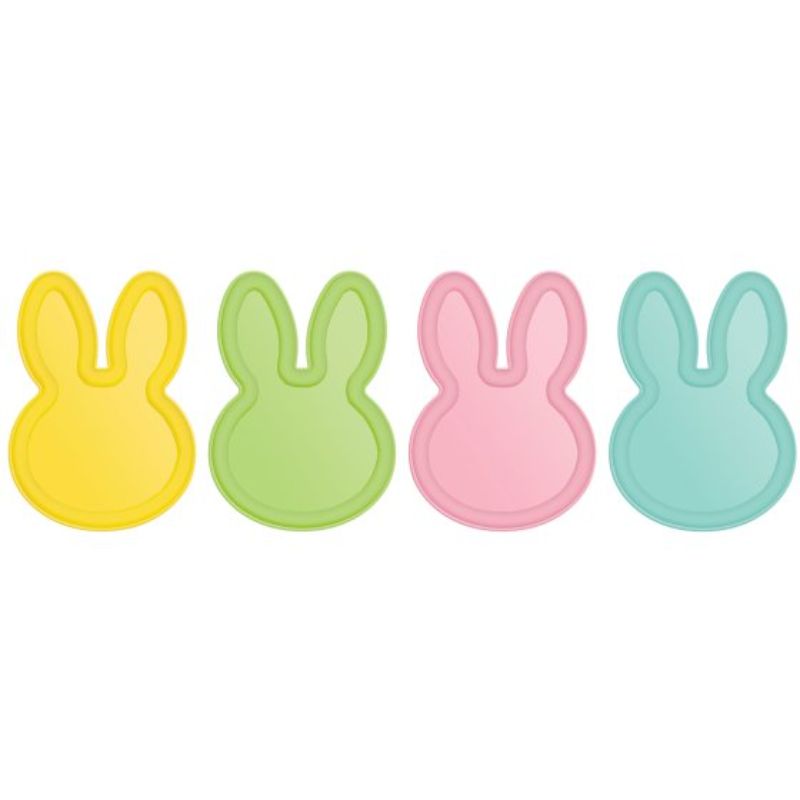 Set of 4 reusable bunny-shaped melamine plates, perfect for festive Easter celebrations and serving treats.