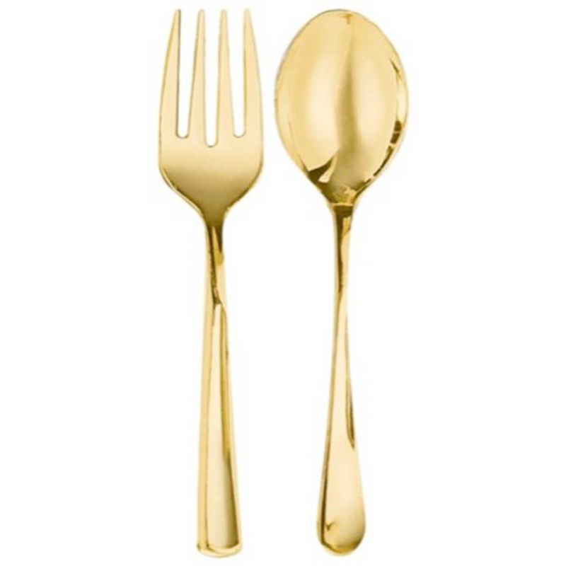 Set of 4 premium gold serving spoons and forks, designed for elegant dining and reusable use.