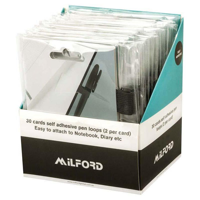 Display of 30 adhesive pen loops for easy attachment to notebooks and planners, ensuring pens are always within reach.