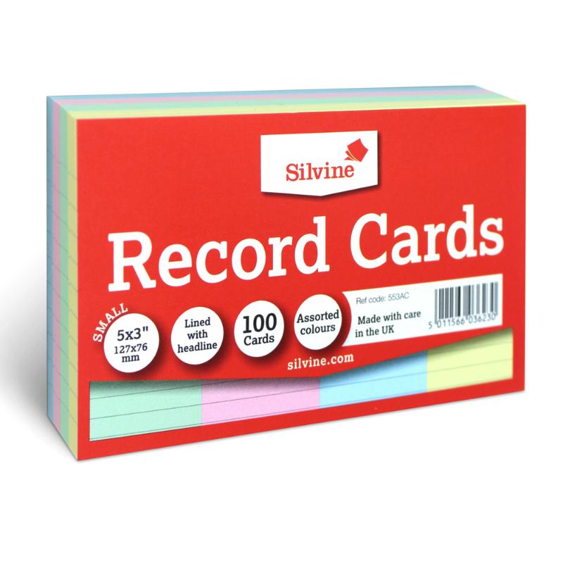 Silvine Record Cards 5x3 Ruled Assorted Colours