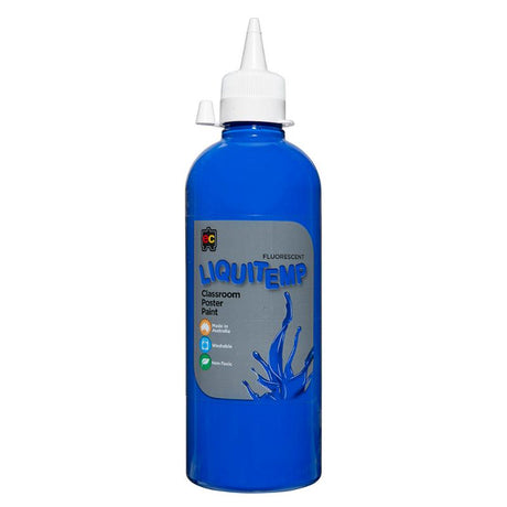 Vibrant blue 500ml Fluoro Liquitemp Poster Paint suitable for artists, crafters, and students, non-toxic and washable.