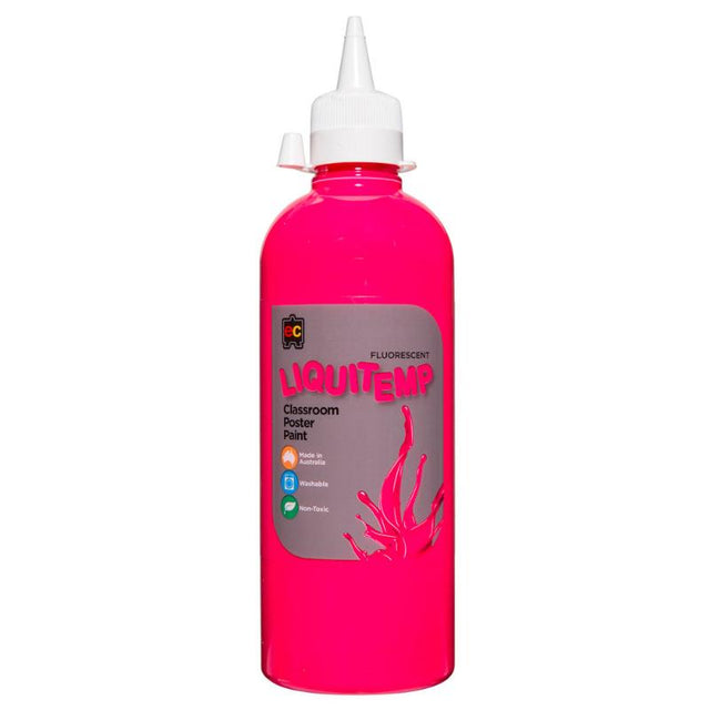 Vibrant 500ml pink Fluoro Liquitemp poster paint, perfect for school art, crafts, and easy clean-up.