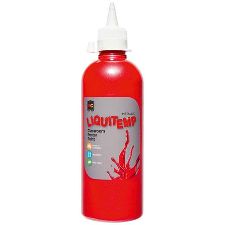 Metallic Liquitemp Poster Paint 500ml in vibrant red, non-toxic, water-based, perfect for arts and crafts, safe for kids.