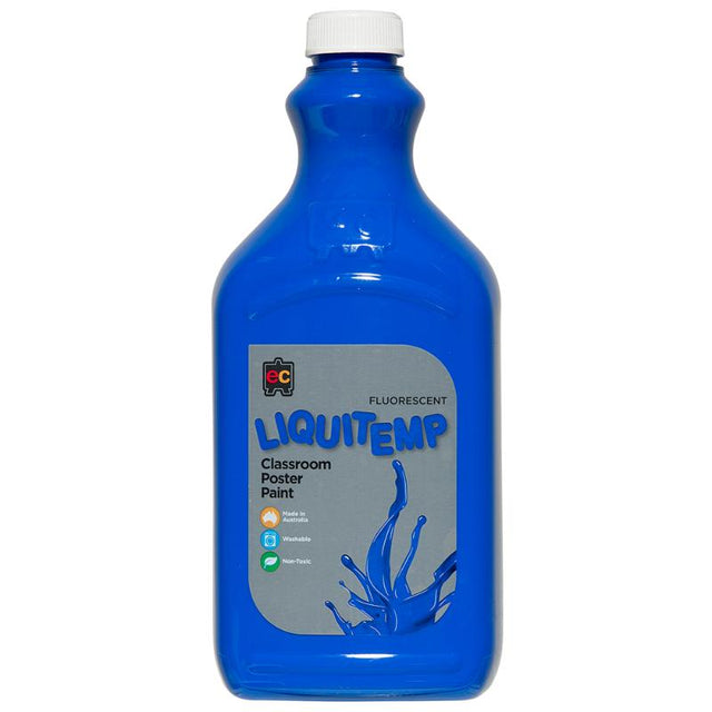 Bright blue Liquitemp fluorescent poster paint in 2L, perfect for safe, vibrant art projects and easy cleanup.