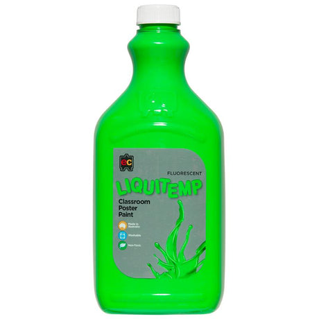 Vibrant green Liquitemp fluorescent poster paint in 2L, perfect for safe, creative projects with luminous effects.