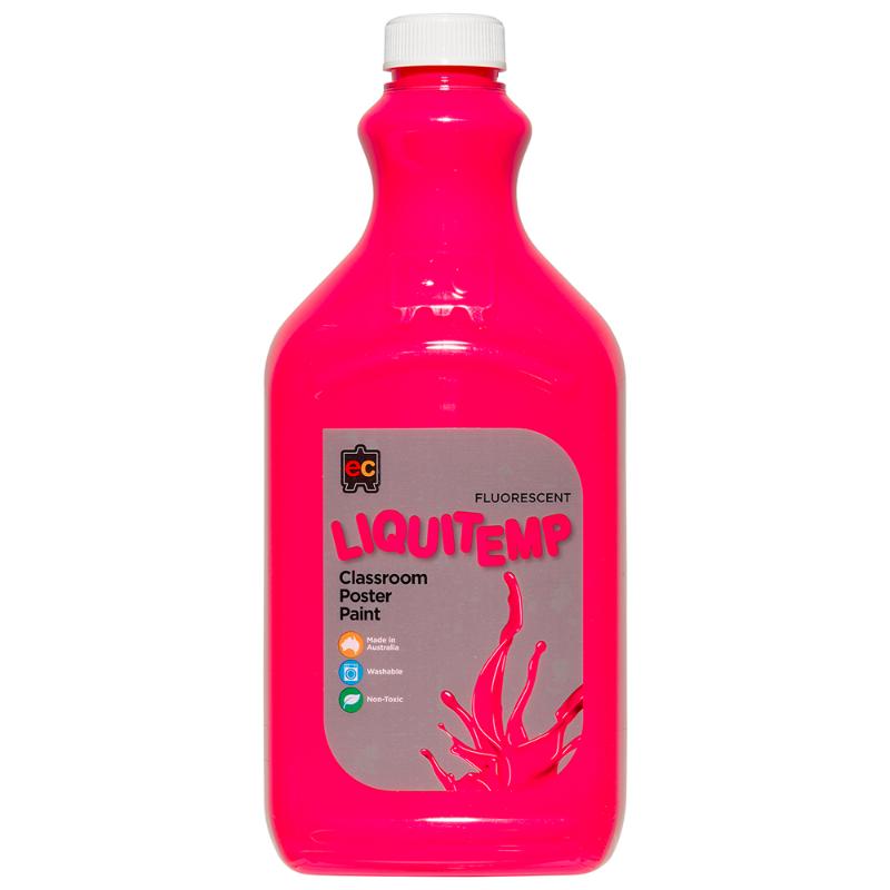 2L bottle of vibrant pink Liquitemp fluorescent poster paint, safe and washable for creative projects and kids' art activities.