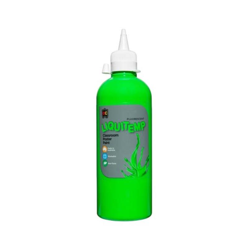 Bright green Liquitemp Fluorescent Poster Paint 500ml, perfect for vibrant art projects with a glossy finish.