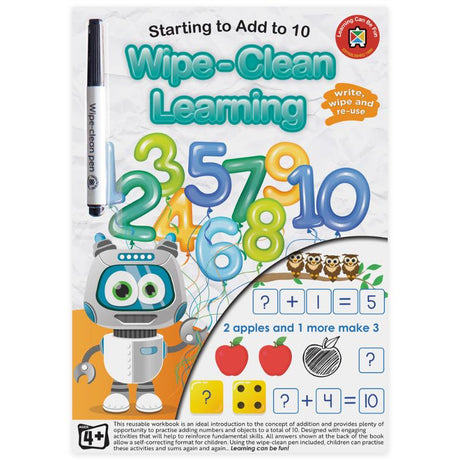 Interactive wipe-clean book for children to practice addition to 10 with colorful illustrations and reusable marker.