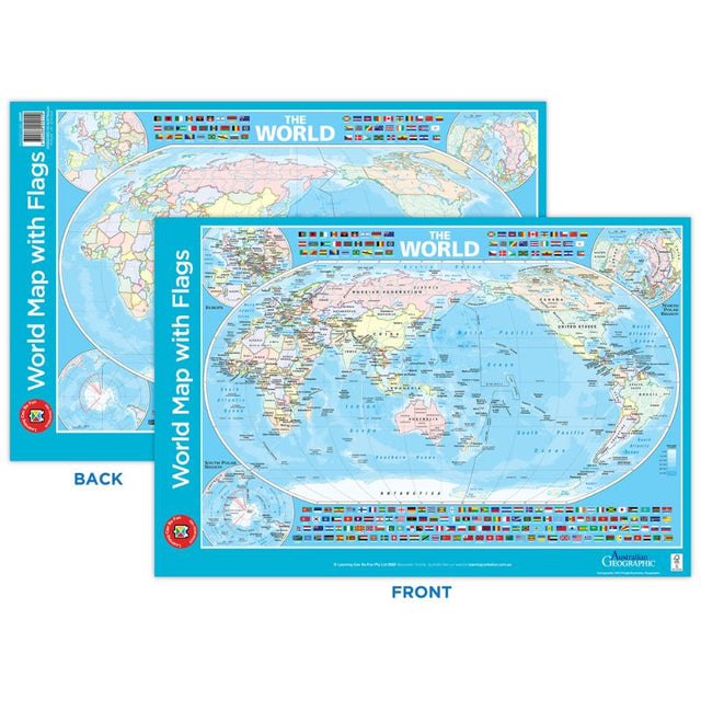 LCBF World Map poster featuring 190+ country flags, ideal for education and vibrant home decor.