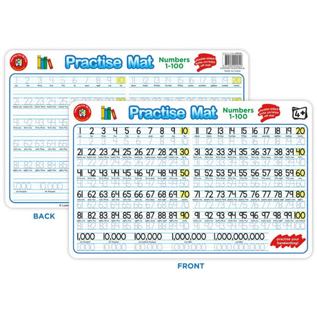 Colorful LCBF Practice Mats featuring large numbers 1 to 100, designed for engaging numeracy learning and writing practice.