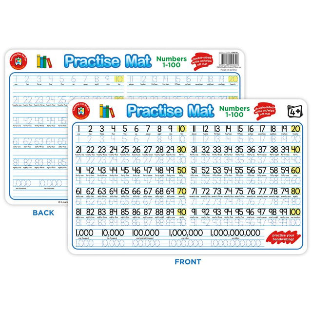 Colorful LCBF Practice Mats featuring large numbers 1 to 100, designed for engaging numeracy learning and writing practice.